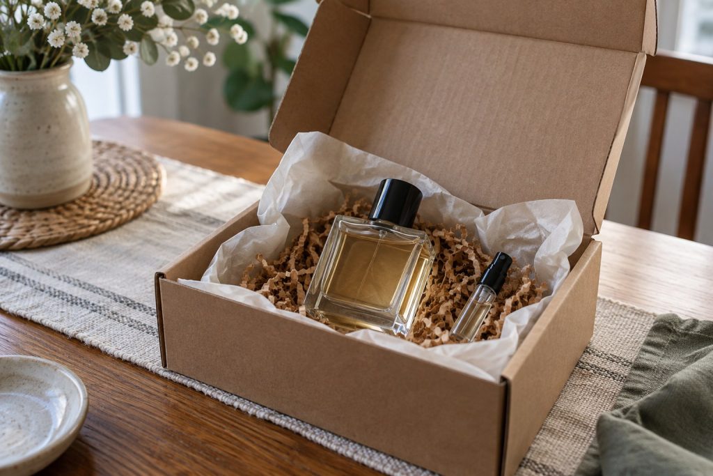 An unlabeled perfume bottle and sample vial beside an open delivery box