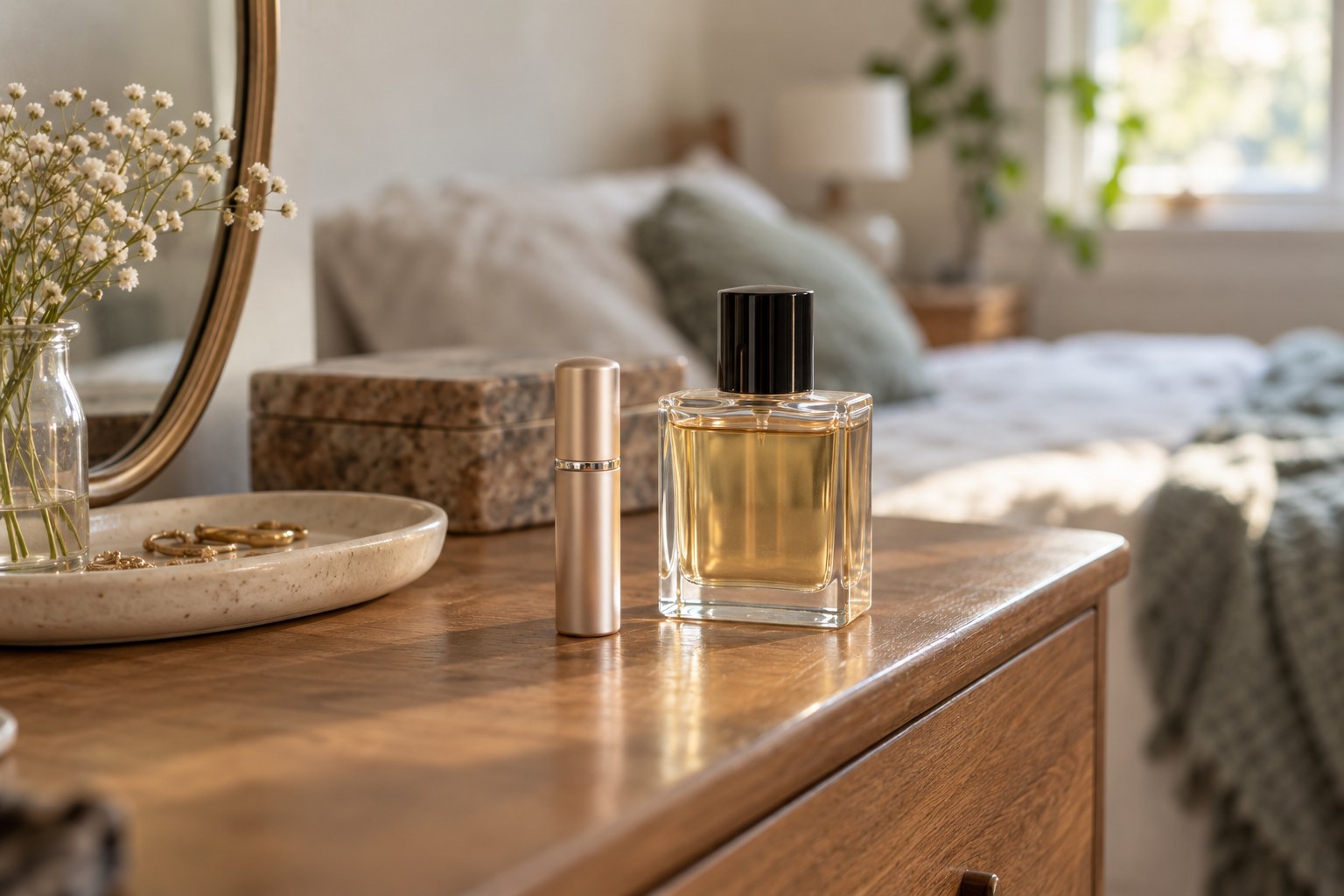 A small travel atomizer beside a larger unbranded perfume bottle