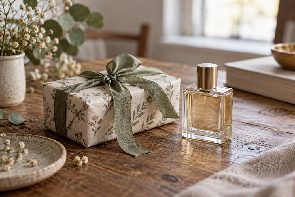 A simply wrapped fragrance gift beside a generic perfume bottle