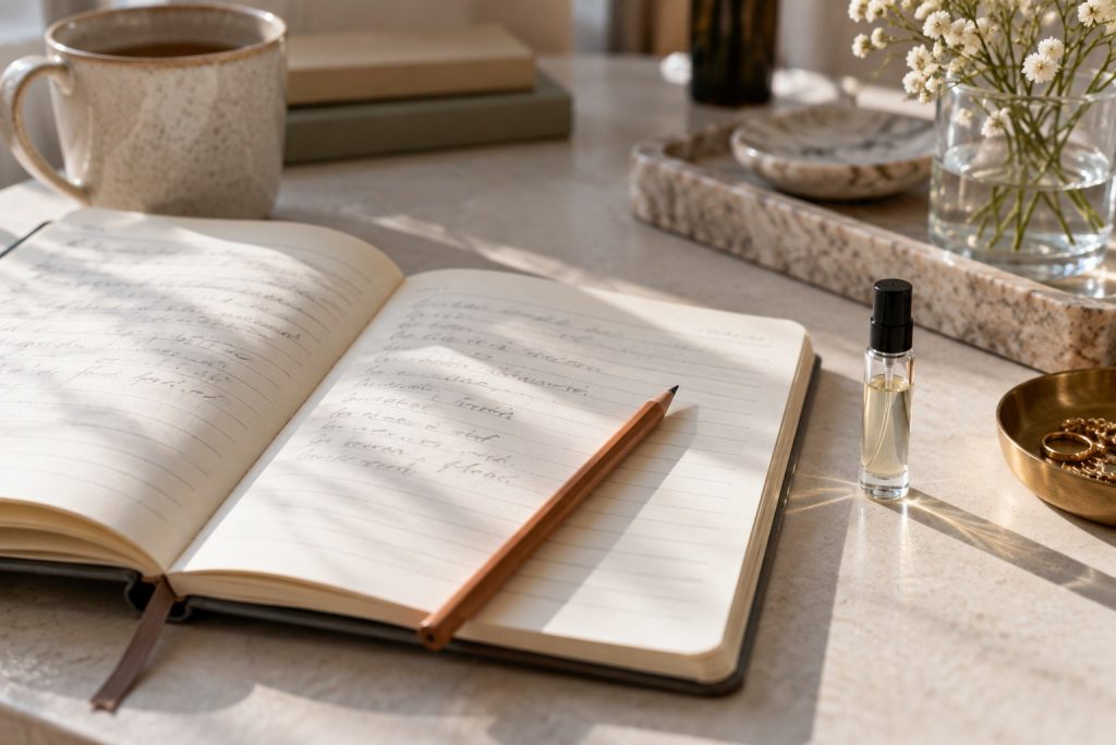 A fragrance sample and pencil beside a notebook with indistinct notes