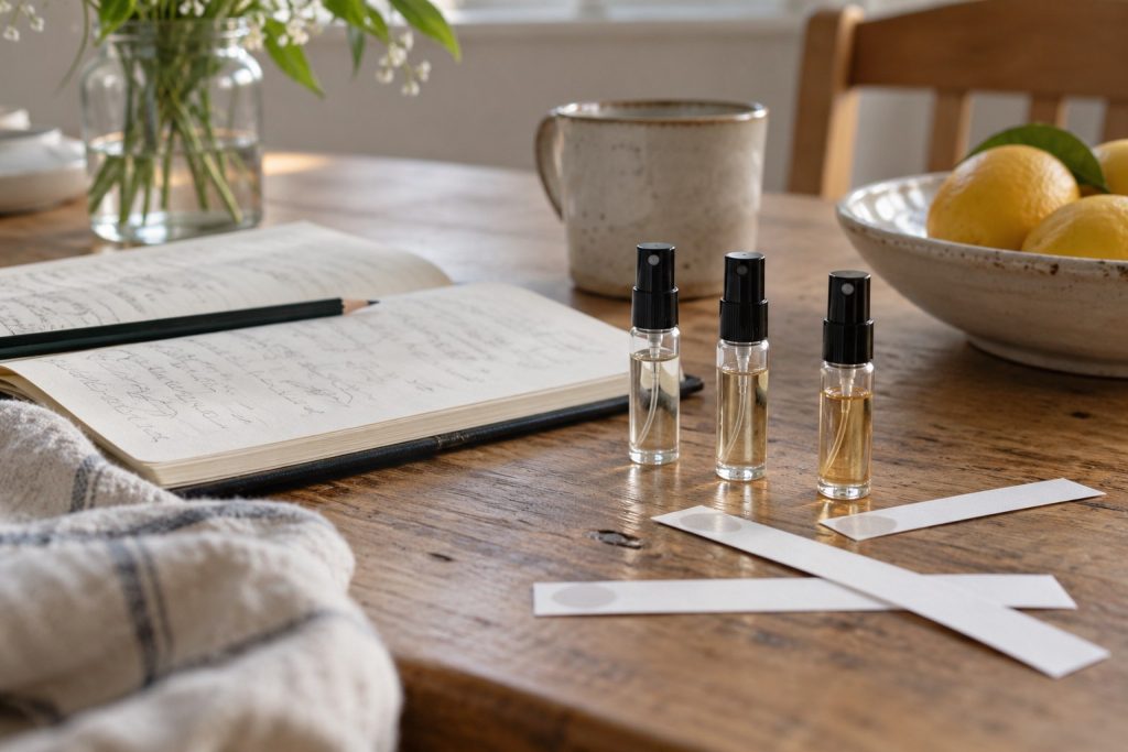 Three perfume sample vials, paper strips and a notebook on a table